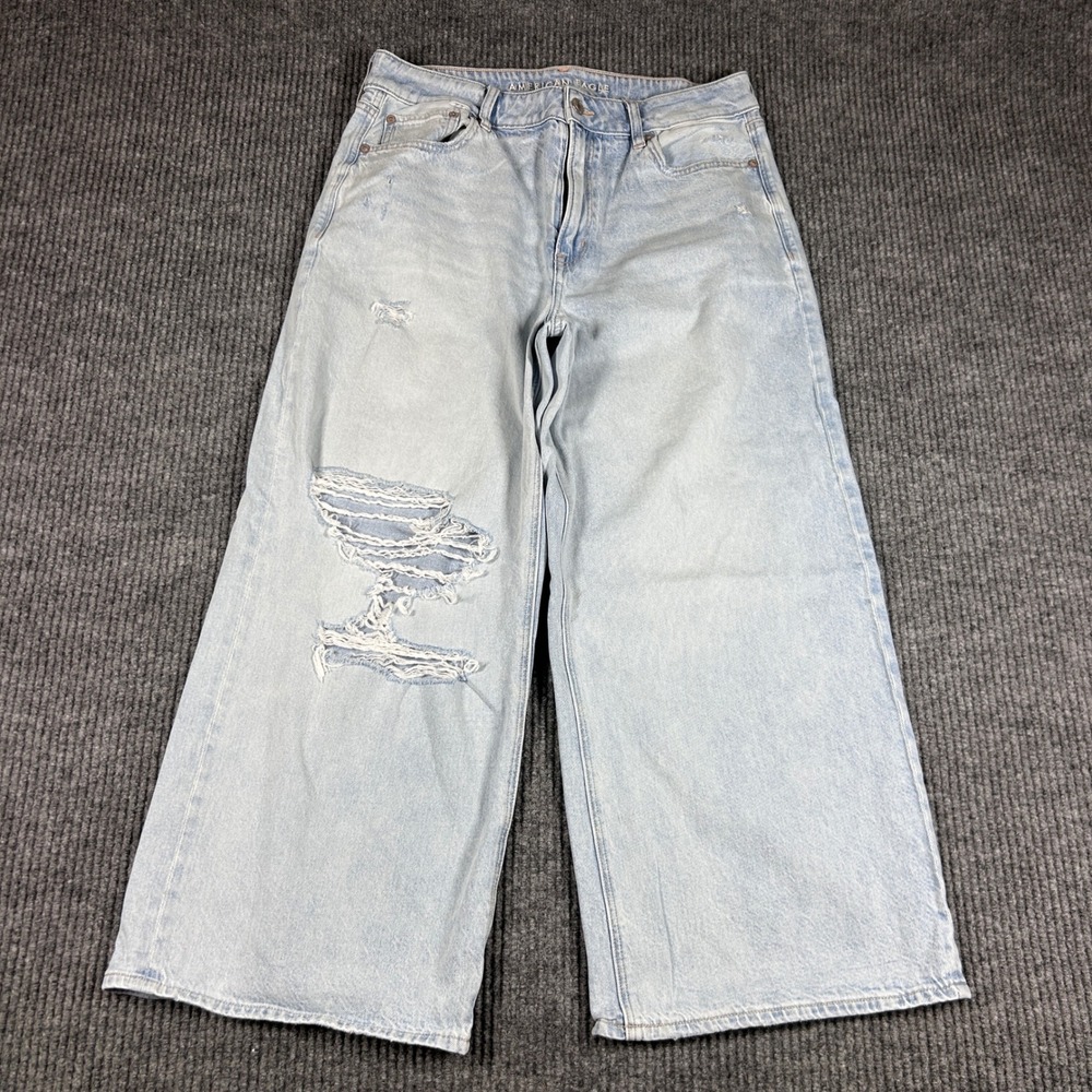 American Eagle Jeans Women's 10 Super High Rise Baggy Wide Leg Ankle Distressed